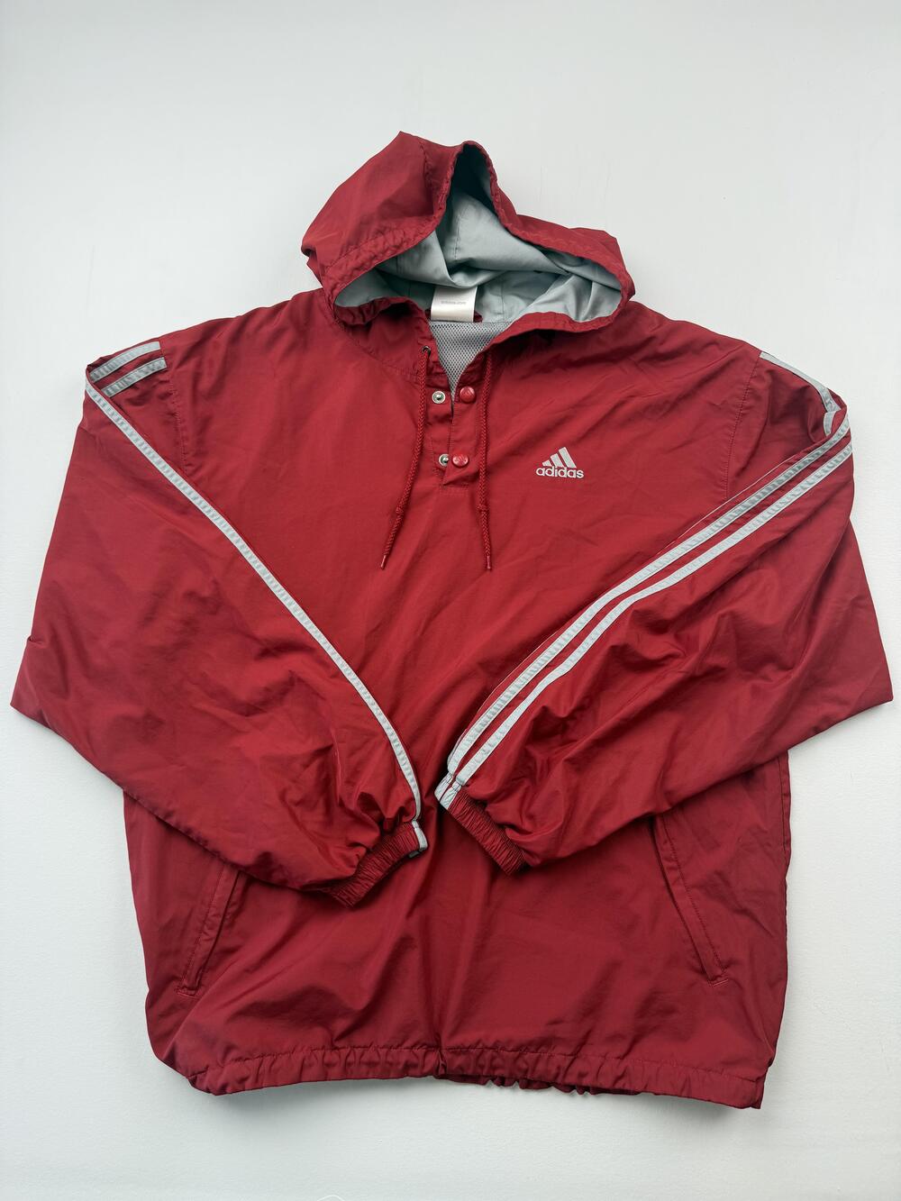 Adidas Jacket Mens Medium Red Hooded Pullover Windbreaker 3 Stripes Athletic